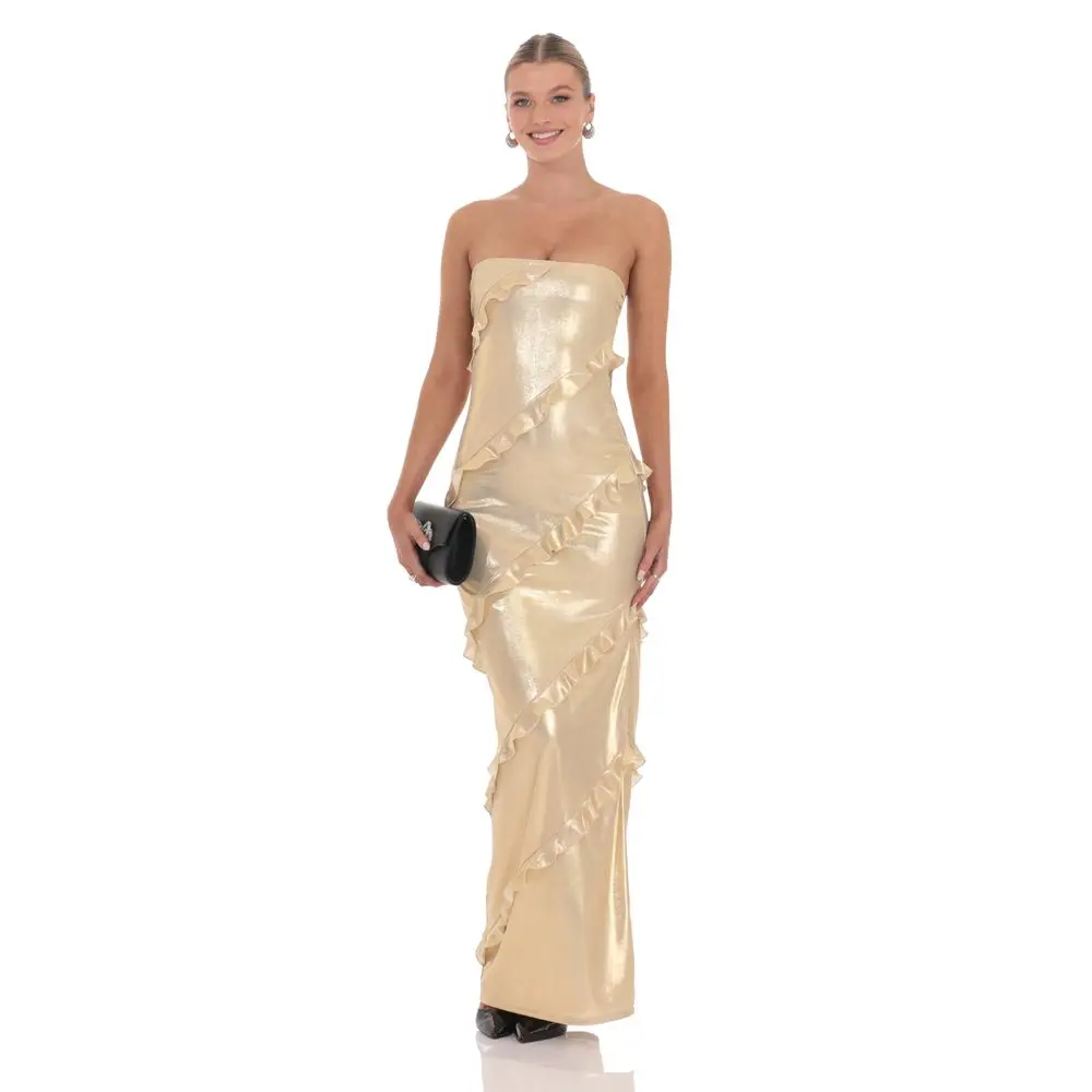 Metallic Ruffle Strapless Maxi Dress in Gold - TikTok Shop