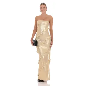 Metallic Ruffle Strapless Maxi Dress in Gold