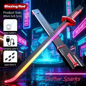 Qzjaiwanj Cyberpunk Neon Sword Lightsaber Toy 31.5" Spark Blade Sound & Fog Eight-Color Streaming Light Effect Type-C Rechargeable for Rave Cosplay & Display