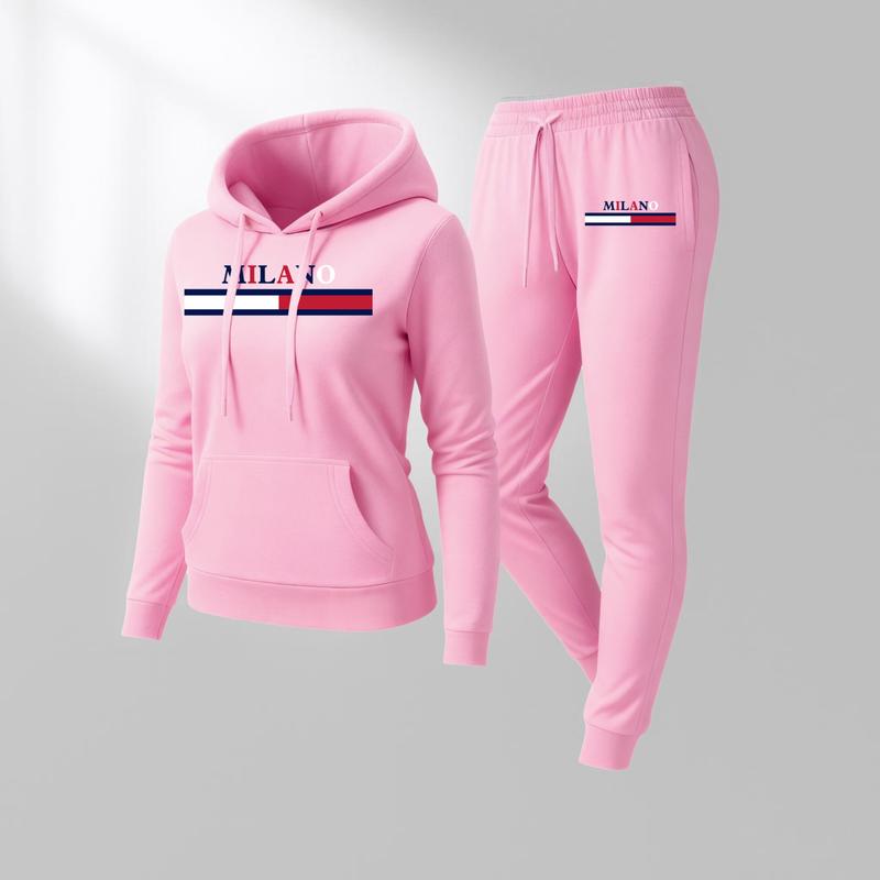 Women's MILANO Print Hoodie And Drawstring Track Pants Set, Casual Sportswear, Long-Sleeved Hooded Jacket And Pants, Suitable For Autumn And Winter, Everyday Wear, Indoor And Outdoor Sportswear, Casual Sportswear.