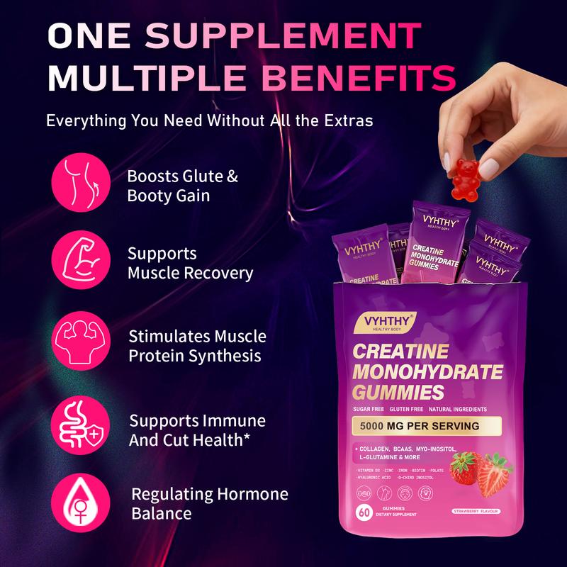 VYHTHY High Potency Creatine Gummies with Collagen, BCAAs, Inositol & L-Glutamine – Strength, Endurance & Recovery Support for Men & Women