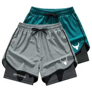 Men's 2-piece quick-dry elastic drawstring shorts - sports muscle fitness shorts made of polyester material with double-layer anti-exposure design to avoid embarrassment, suitable for summer workouts and beach activities