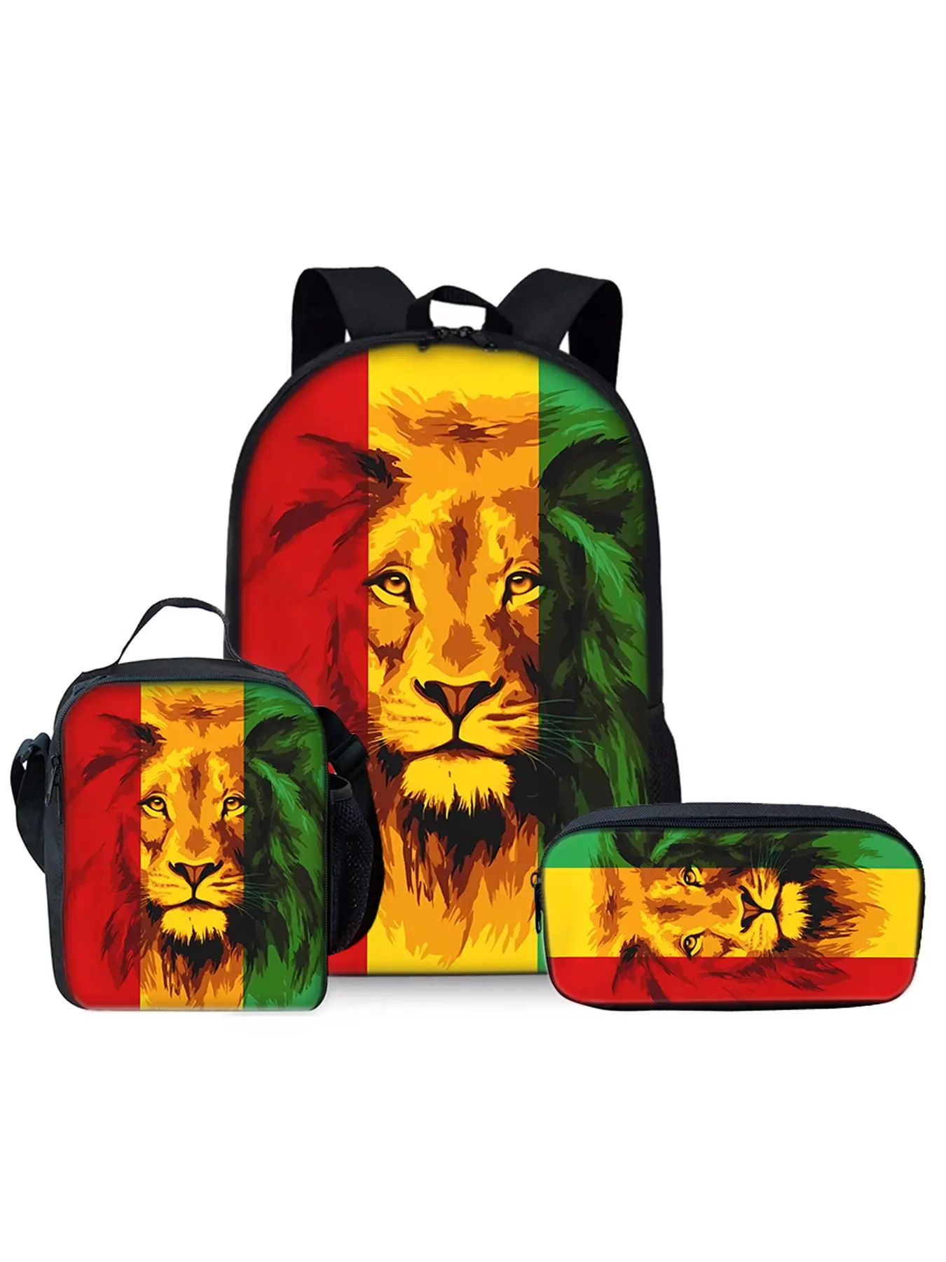 Lion pattern printed 17-inch backpack three-piece set (single-layer backpack + shoulder strap lunch bag + single-layer pencil bag)