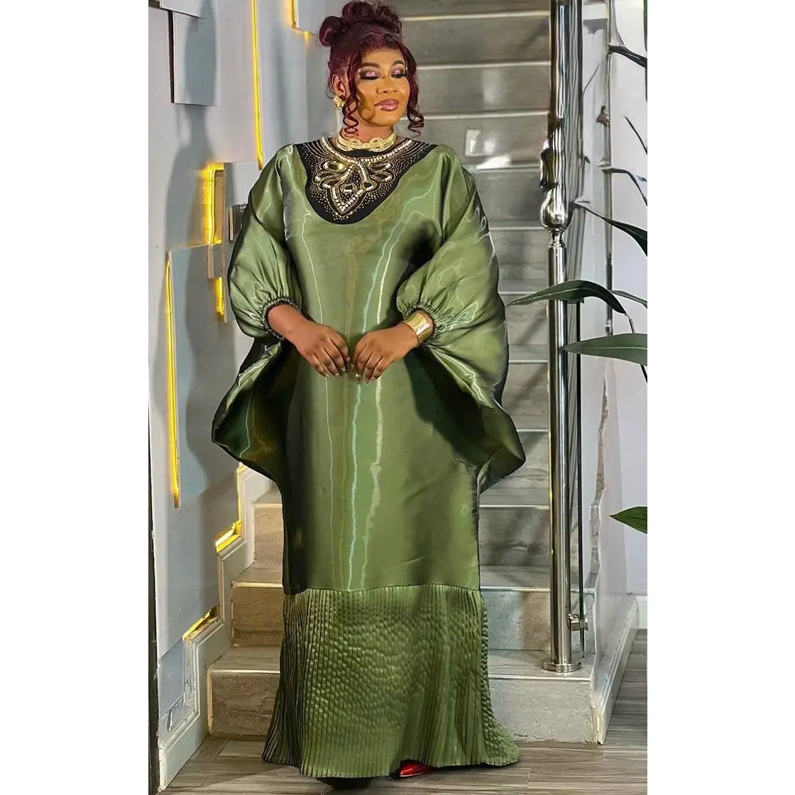 Green Liquid Organza Beaded Embellished Pleated Kaftan Maxi Dress for Mother of The Bride Engagement Birthday Party Church Anniversary African Bubu Gown Wedding Guest Outfit Formal Evening Gown
