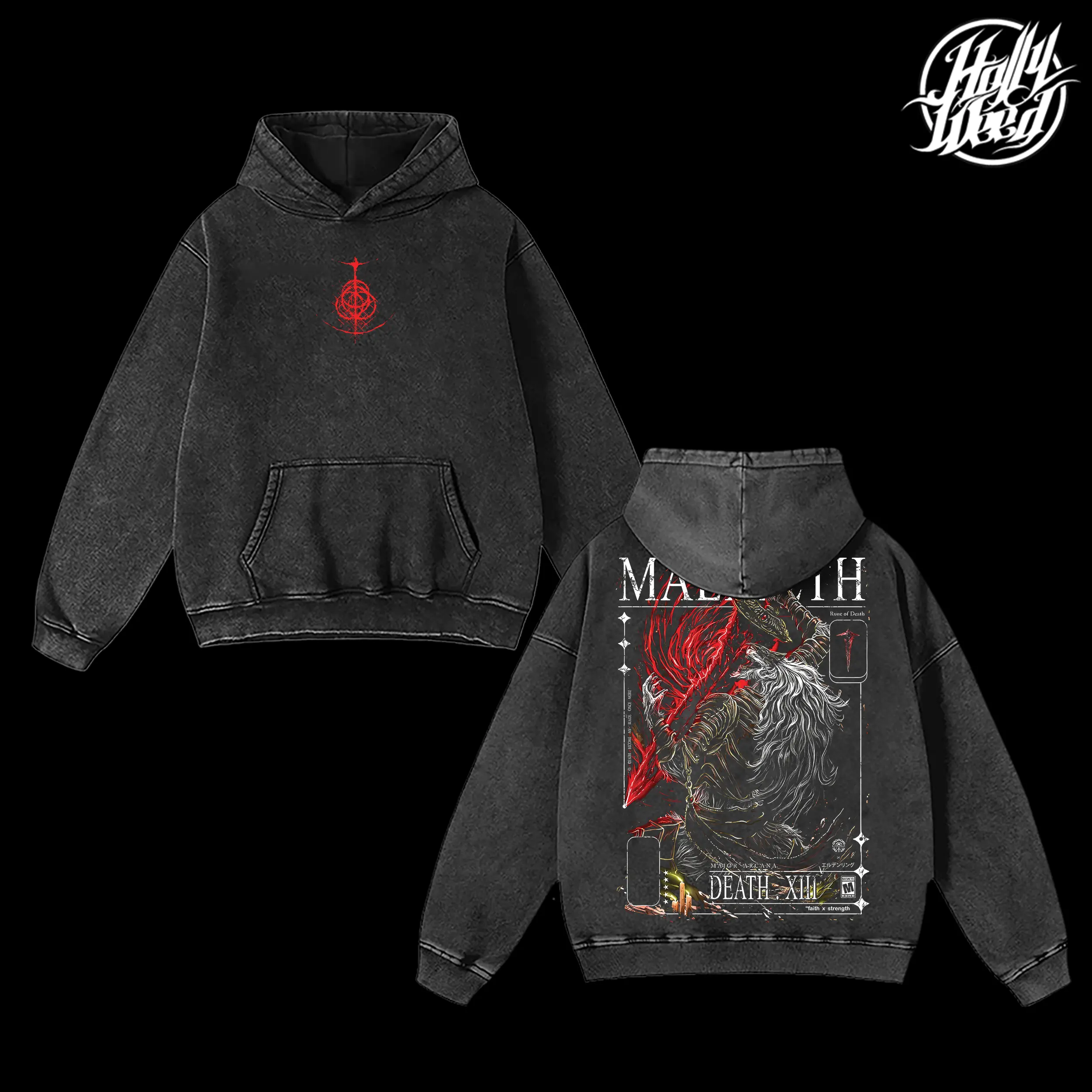 Maliketh Eldenring Boss Retro Vintage Unisex Oversize Anime Manga Acid Washed Heavyweight Cotton Hoodie, Anime Merch, Gift For Anime Fan. Menswear Oversized