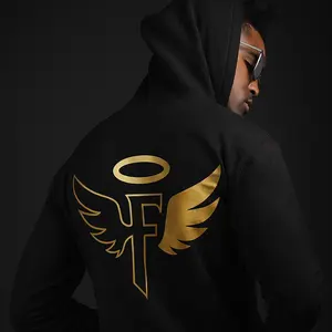 FOCUS Dark Angel Hoodie "The Armor of Faith" - Jet Black Fleece Menswear with Gold Angel Wings & Halo Design Oversized Streetwear Top Shadow Stitch Long Sleeve Pullover