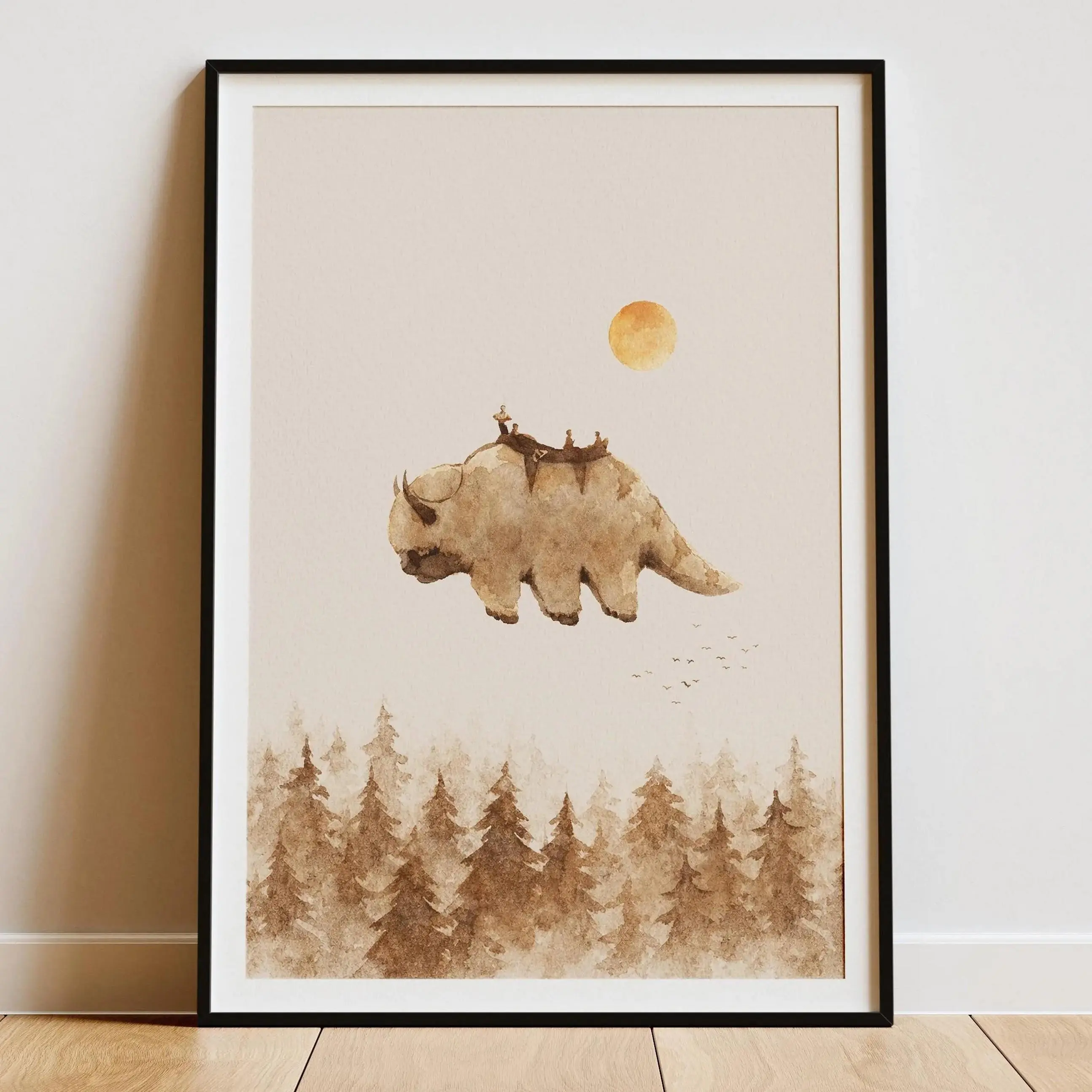 Watercolor Flying Bison Printed Poster - Neutral Boho Nature Wall Artwork for Bedroom, Office, Living Room Decor