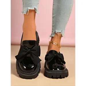 Women's Loafers Thick Sole Chunky Heel Slip-On Rubber Bottom, Casual Fashion Office Business Shoes, Comfortable Daily Wear Bow Design, PU Leather LoafersGift