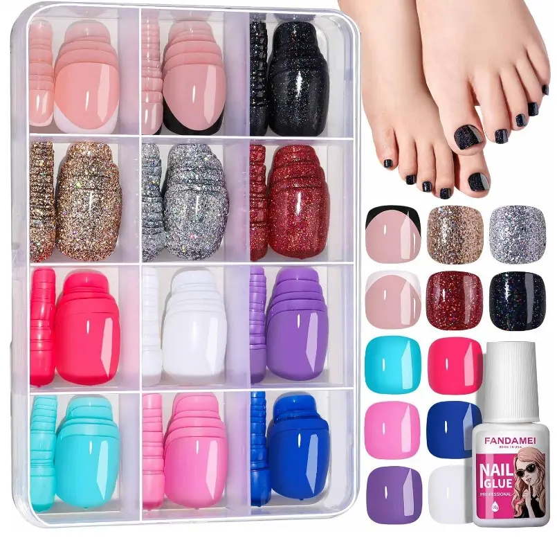 FANDAMEI Press on Toe Nails, 12 Colors 288PCS Press on Toenails Short Square, 4 Glitter Toenails Full Cover, 6 Glossy False Nails for Feet, 2 French Tip for Nail