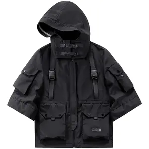 Ibj169 Niepce Black Techwear Fashion Short Sleeves Jacket with Hoodie
