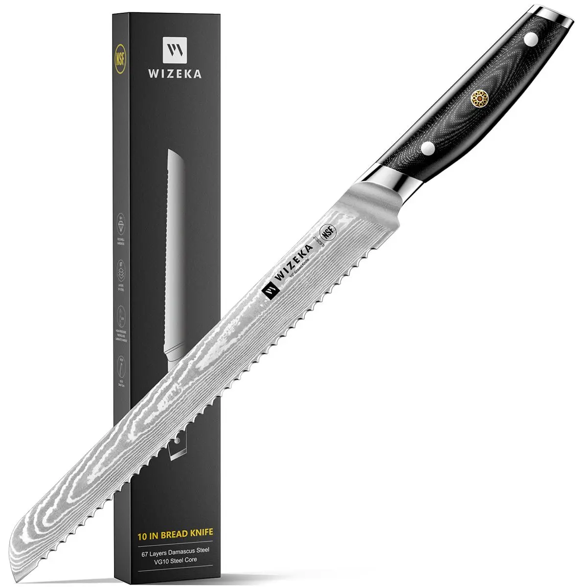 WIZEKA 10-VG10 Damascus Steel Serrated Bread Knife, Ultra Sharp Kitchen Cutting Tool for Homemade Bread, Sourdough & Pastries