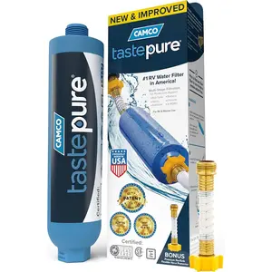 Camco Tastepure RV Water Filter - New & Advanced RV Inline Water Filter with Flexible Hose Protector - GAC & KDF Filtration - Made in USA