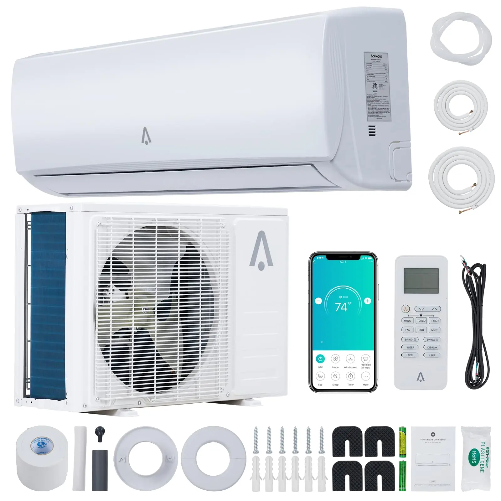 12000 BTU Wifi Ductless Mini Split AC, 19 SEER2 R454B Inverter Heat Pump, 115V Pre-Charged Condenser with Installation Kit, Covers Up to 750 Sq.Ft