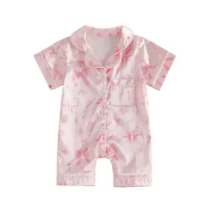 Baby Girl Birthday Jumpsuit with Pocket Colorful Print Lapel V Neck Short Sleeve Romper Satin Silk Button Down Pajama Set