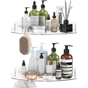 2 Pack  Corner Shower , Clear Corner Shower Shelf with 4 Hooks, Adhesive Wall Mounted Bathroom Shower Shelf Organizer for Inside Shower & Kitchen Storage