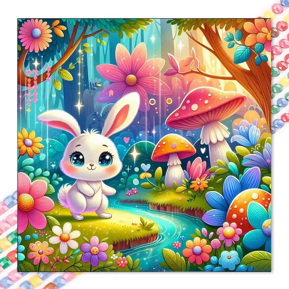 5D DIY Full Drill Round Diamond Painting Kit - Cute Rabbit Mosaic Canvas DIY Wall Art, Home Wall Decoration