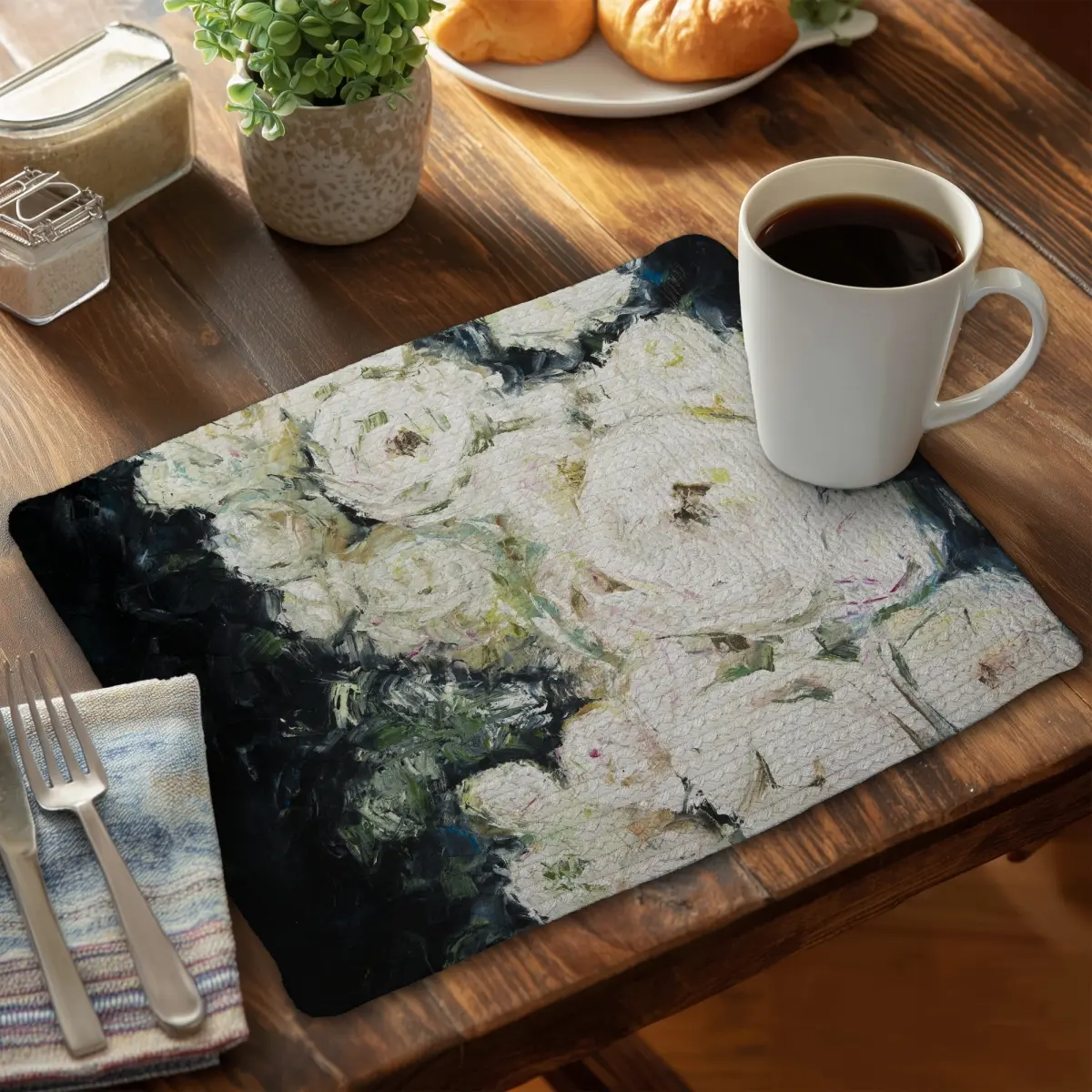360 stand Rectangular Floral Braided Polyester Garden Roses Placemats and Coasters Set - 14x18 in, 4-Pack, Stylish Kitchen Tableware Accessory, Aesthetic, Coasters For Drinks, Braided Edge Placemats & Coasters