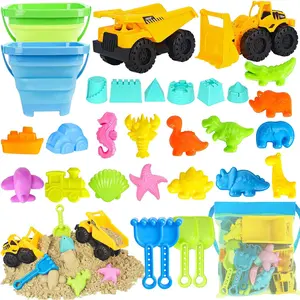 BP-TBT056  Beach Toys, 31Pcs Sand Toys with 2 Construction Vehicle and 2 Collapsible Beach Bucket, Sand Castle Building Kit, Sand Molds, Shovel Set, Mesh Bag, Summer Toys for Kids Ages 4-8