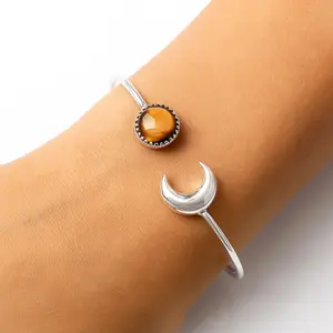 Premium Crescent Moon - Smoky Quartz Cab Cuff Bangle Bracelet B-1046 17-EB10071