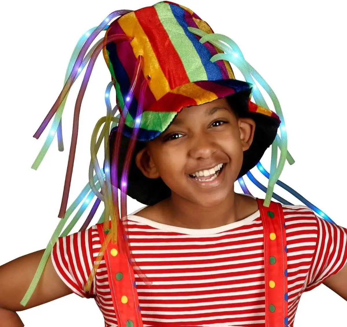 Funny Clown Crazy Hat with LED Lights & Noodle Hair - Oversized Floppy Fabric Top Hat for Birthday Parties, Halloween, Mardi Gras, and More - Batteries Replaceable, One Size Fits Most