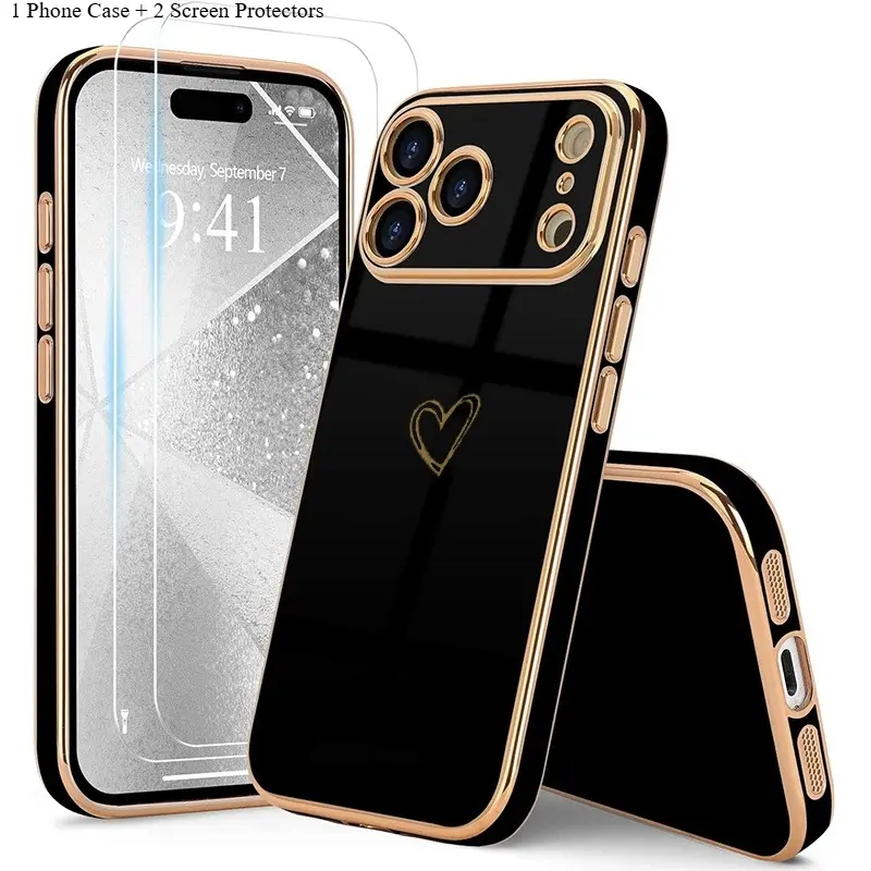 Phone Case: 3 PCS[1X Phone Case and 2X Screen Protectors] Phone Case Suitable for iPhone 17e 17 Pro Max 17 16 15 14 13 12 Pro Max with Tempered Glass Screen Protector Full Camera Lens Protection, Girl Women Cute Girly Love-Heart Luxury Golden Soft