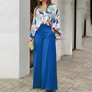 Women's 2-Piece Lightweight Blouse & Wide-Leg Pants Set - Printed, Flowy, Breathable, Comfortable, Elegant Resort Travel Suit