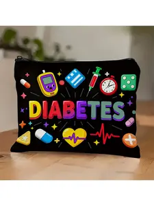 with blood glucose meter, insulin and drug icon - portable foldable zipper bag, machine washable blood glucose monitor accessory box, medicine bag, suitable for men and women ( patients), cosmetic bag, travel wash bag, cosmetic storage box, Diabetes