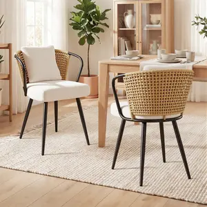 Rattan Dining Chairs Set,Modern Upholstered Kitchen Chair with Metal Legs, Ergonomic Curved Backrest, Mid Century Living Room Lounge with & Throw Pillow