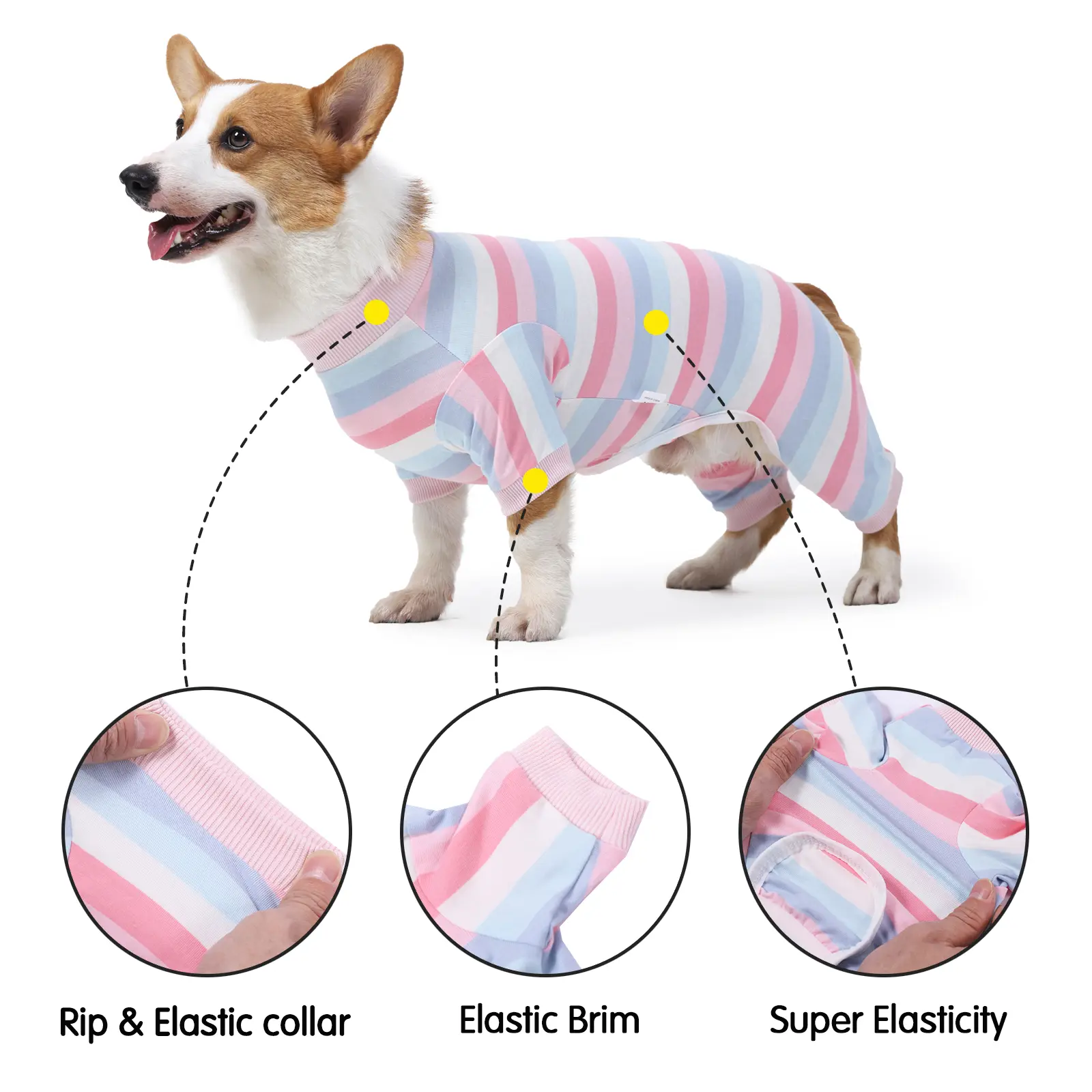 Striped Dog Pajamas, High Stretch Breathable Pet Onesie with Elastic Collar & Cuffs, Anti-Lick Recovery Bodysuit for Small Medium Dogs