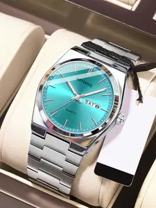 Men's Watch Ice Blue Dial Casual Style, Stainless Steel Analog Quartz Movement, Button Cell Battery, All Seasons Wearable