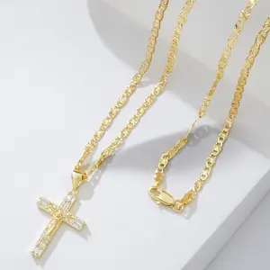 14K Gold Plated Jesus Crucifix Pendant Necklace, 23.62 Inch Copper Figaro Chain (60cm), Cubic Zirconia Inlaid Cross Necklace for Men Women Catholic Religious Jewelry