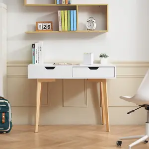 VEVOR Small Desk with Drawers, Kids Desk for Bedroom, Wooden Simple Study Table for Drawing, Reading, Writing, Rectangle MDF Furniture Study Storage Table for Home, Office, White+ Wood