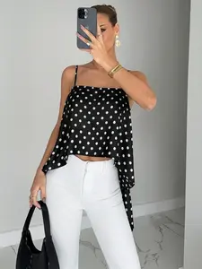 Women's Spring Summer New Polka Dot Fitted Short Halter Top, Irregular Hem Backless Thin Straps, Fashion Casual Vest, Trendy and Simple Design Womenswear