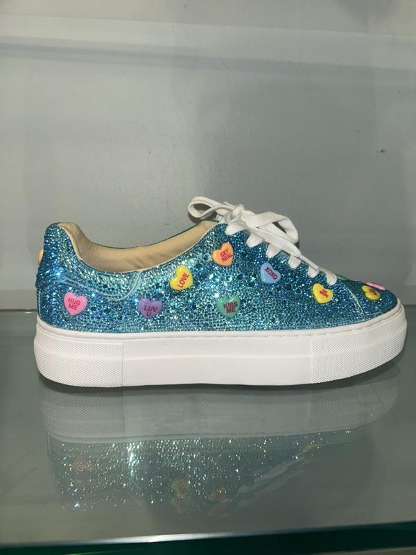 Bestey Johnson Glitter Heart Decorated Blue Sneakers with White Laces and Soles