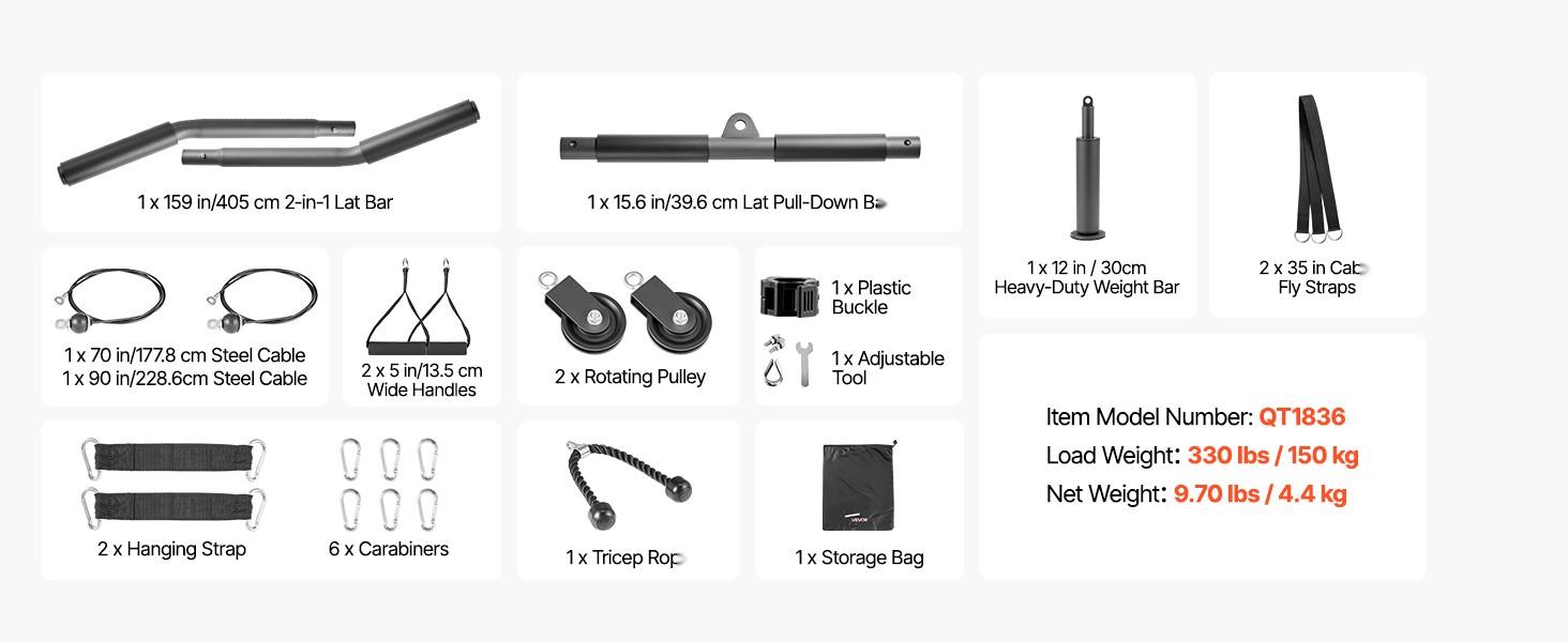 Lat Pulley System And Lift Training Kit For Gym Rack, Two Steel Cables, Short Bar, Dual Grip Handles, Cable Attachment For Biceps, Shoulders, Back, Home Gym Equipment, Up To 330 Lbs Capacity