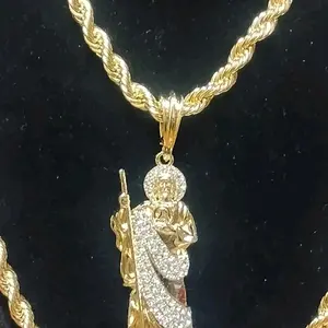 14 Carat Gold-Plated Twisted Rope Chain Necklace with San Jada Tadeo Pendant 5mm Width 24 Inches Long Durable & Elegant