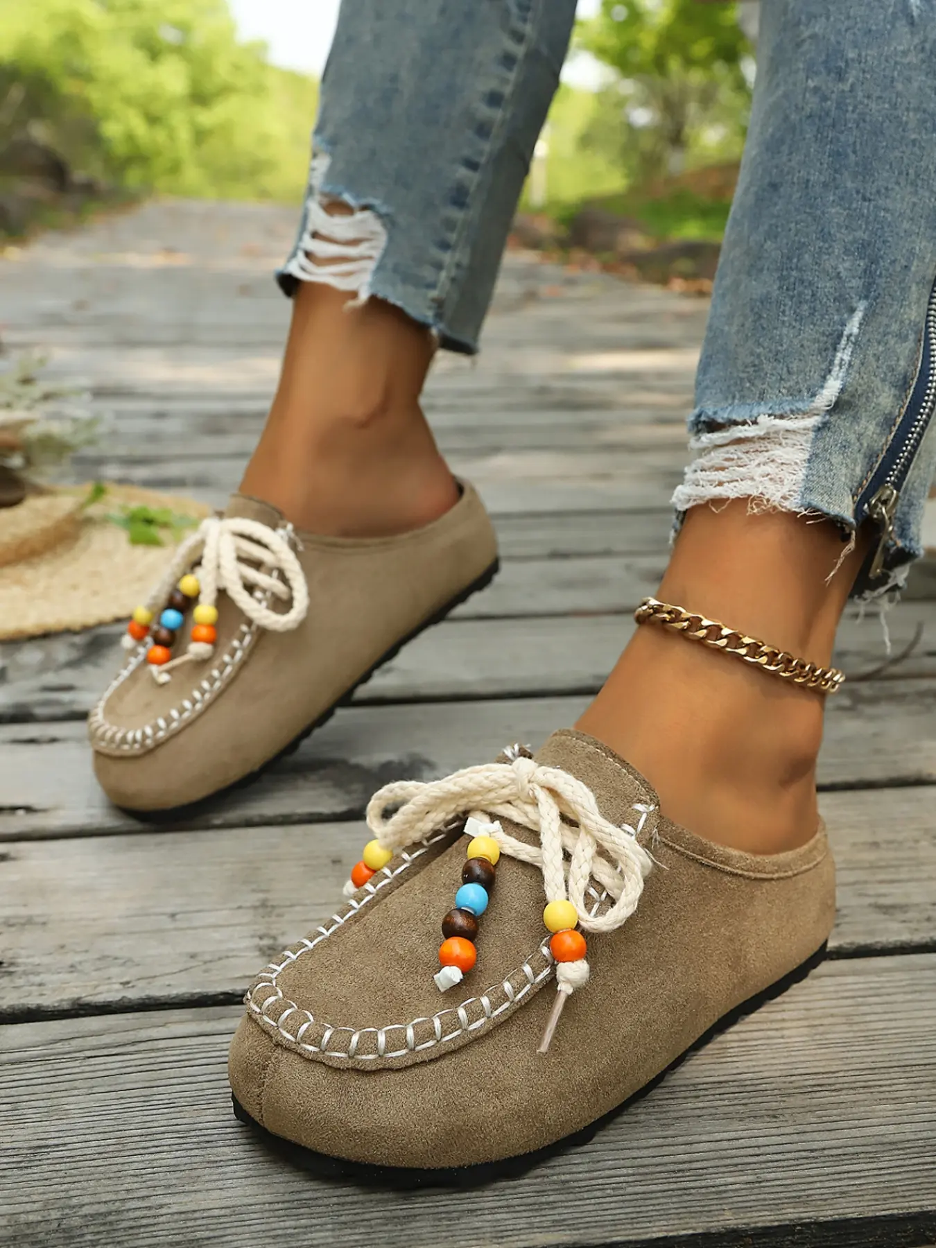 Women's Beaded Lace-Up Moccasins, Taupe Suede-Look Casual Flat Loafers
