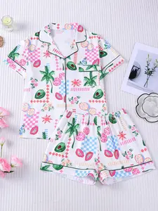 Women's 2-Piece Tropical Print Pajama Set Pyjamas, Short Sleeve Button-Down Top & Elastic Waist Shorts, Avocado & Coconut Tree Print, Soft Comfortable Loungewear for All Seasons