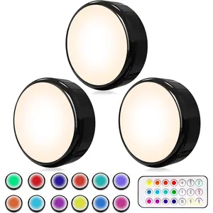 Puck Lights with Remote, Colors Changeable LED Puck Light Battery Powered Dimmable Under Cabinet Lights Wireless Under Counter Light RGBW Push Light, Timing & Memory Function, Black, 3 Pack