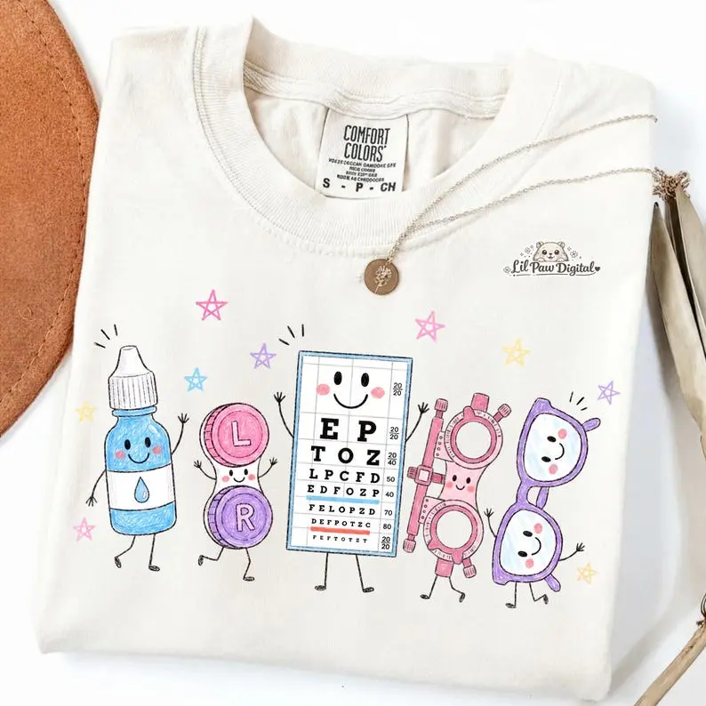 Comfort Colors Optometrist Shirt, Optometry Tools Doodle Tee, Eye Doctor Care T-Shirt, Vision Chart Contact Lens Glasses Top
