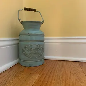 Blue Jug with "Flowers & Garden" Design, Rustic Style, Handheld Handle, Ideal for Decorative Use