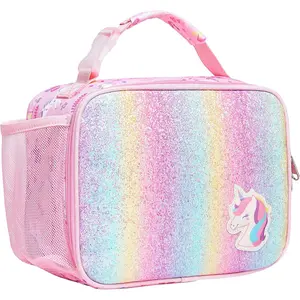 SQ-LBK004 Lunch Bag for Girls - Kids Lunch Box for Girls Reusable Leak-Proof and Insulated Kids Lunch Bag With Water Bottle Holder Toddler Lunch Box for Daycare and School, Glitter Pink Unicorn