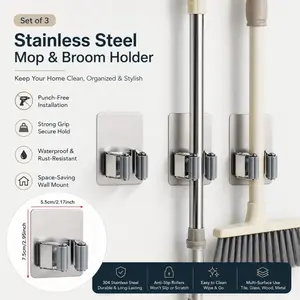 3pcs Stainless Steel Mop and Broom Holder, Wall-Mounted Kitchen, Bathroom, Garden Storage Clamp, Durable Cleaning Accessories Storage Rack, Practical Hooks (Model: WG777), Multi-Function Hook Rack, Organiser, Wall Organizer
