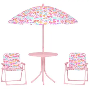 Picnic Table & Chairs Set – Pink. For Ages 2-5. 2 Foldable Chairs + Table + Removable Umbrella (33.9"-48", Butterfly Pattern). Anti-Tip Feet. 77 lbs Chair Cap