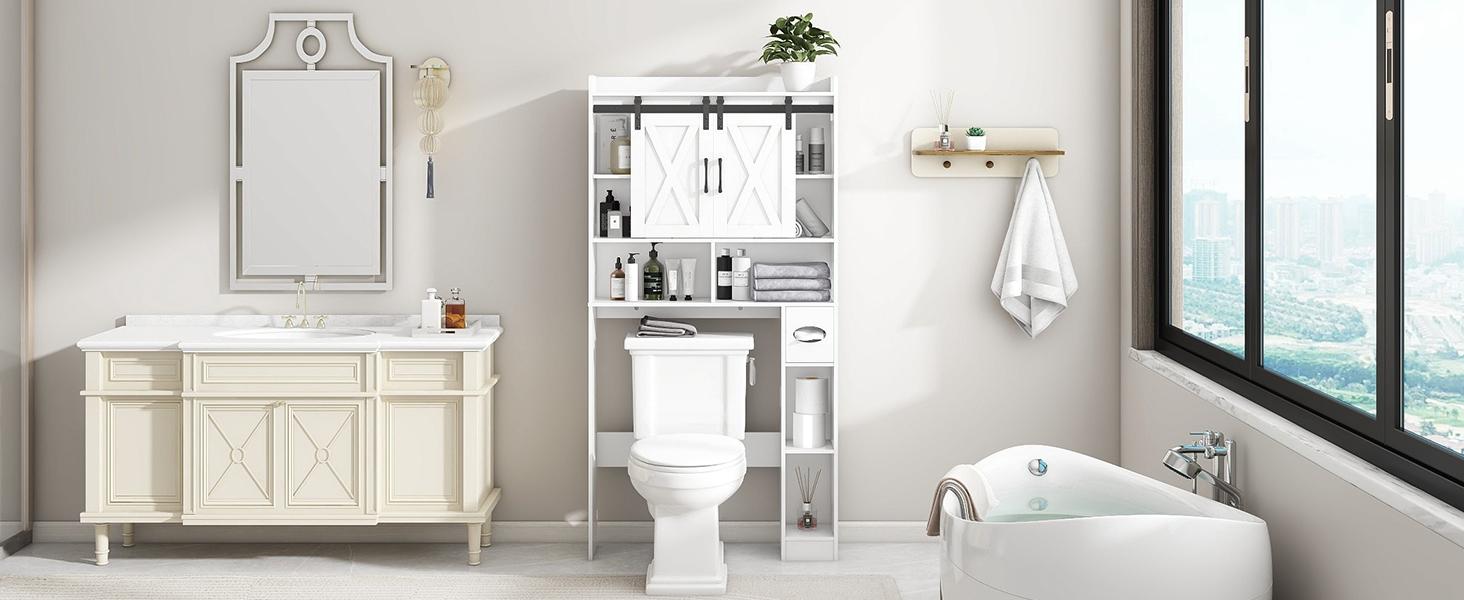 Vabches Wood Over The Toilet Storage Cabinet with Sliding Barn Doors, Farmhouse Bathroom Space Saver Organizer for Small Bathroom Laundry Room