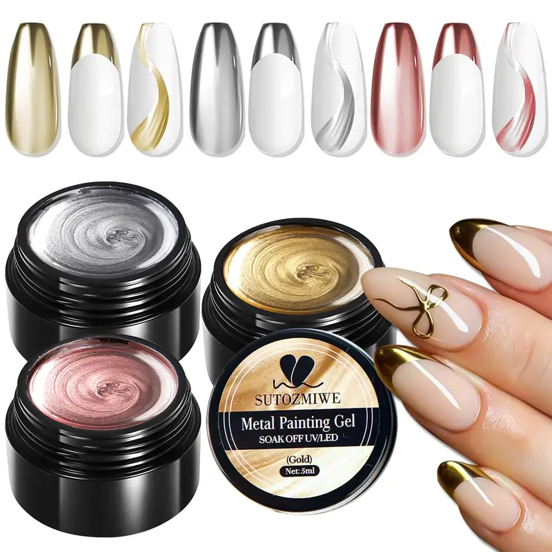 3D Charms Gel Nail Polish Kit - Chrome Effect, Gold Silver Rose Metallic Pigment Gels, Reflective Mirror Bling Glossy Shine, Soak-Off Formula, UV/LED Curing, Nail Care Cosmetic for Adult Home DIY Manicure (Aesthetic Art Decoration, Full Coverage)