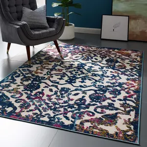 Modway Reflect Primrose Ornate Floral Lattice 5x8 Indoor/Outdoor Area Rug in Ivory, Dark Blue, Multicolored