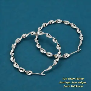 Large Twisted Hoop Earrings, 925 Silver Plated, 5cm (1.97”) Size, 5mm (0.20”) Thickness, Hypoallergenic, Tarnish-Resistant & Fade-Resistant, Nickel-Free & Lead-Free, Timeless Design & Versatile Style for Everyday Wear, Perfect Gift for Your Loved One.