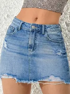 Women's High Waisted Ripped Denim Mini Skirt, Y2K Style Frayed Hem, Casual Streetwear for Summer, Trendy Fashion Item