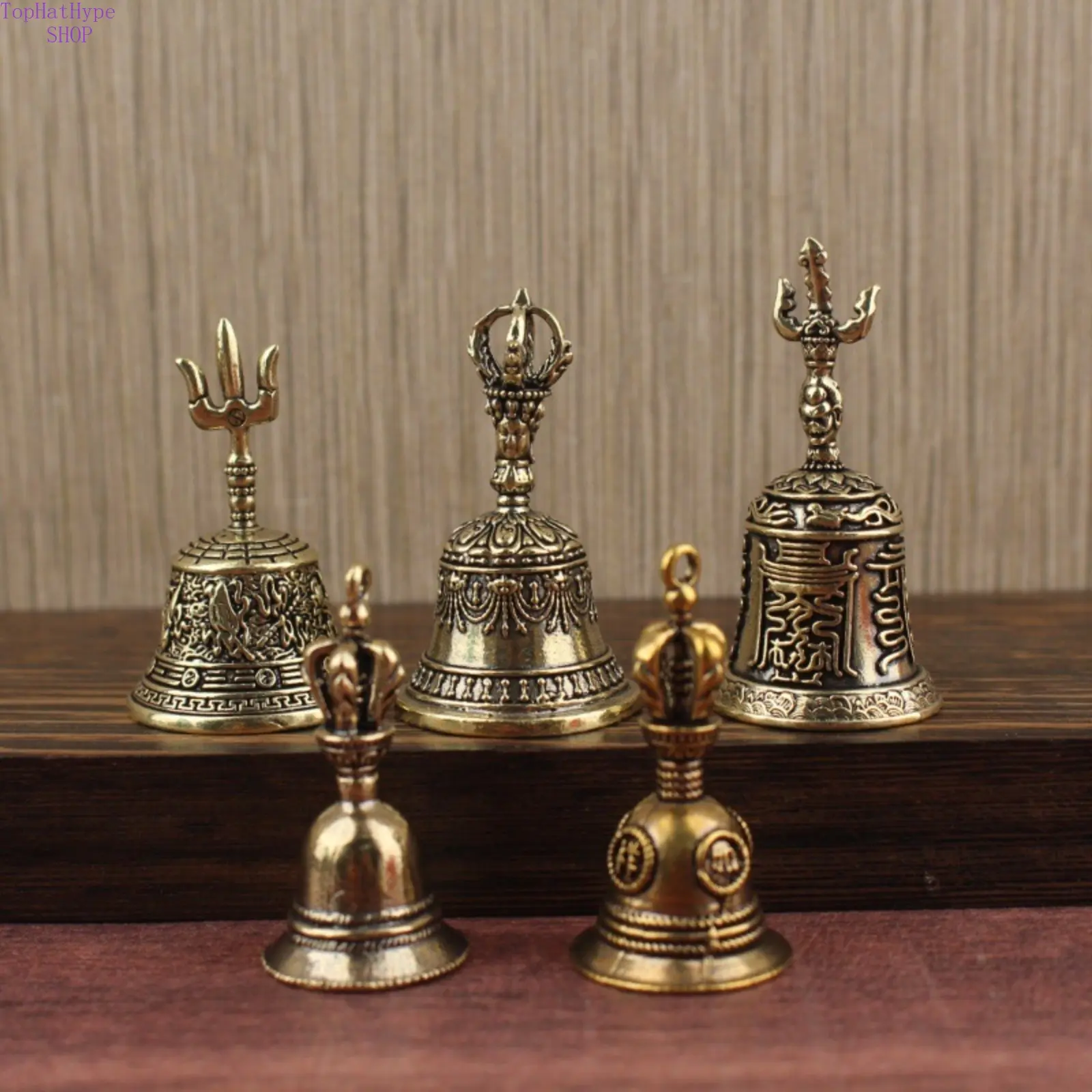 Vintage Solid Brass Hand Bell with Bagua, Trident Designs - Religious Desktop Home Decoration, Feng Shui Meditation Altar Ornament (Costume Jewelry Accessory)